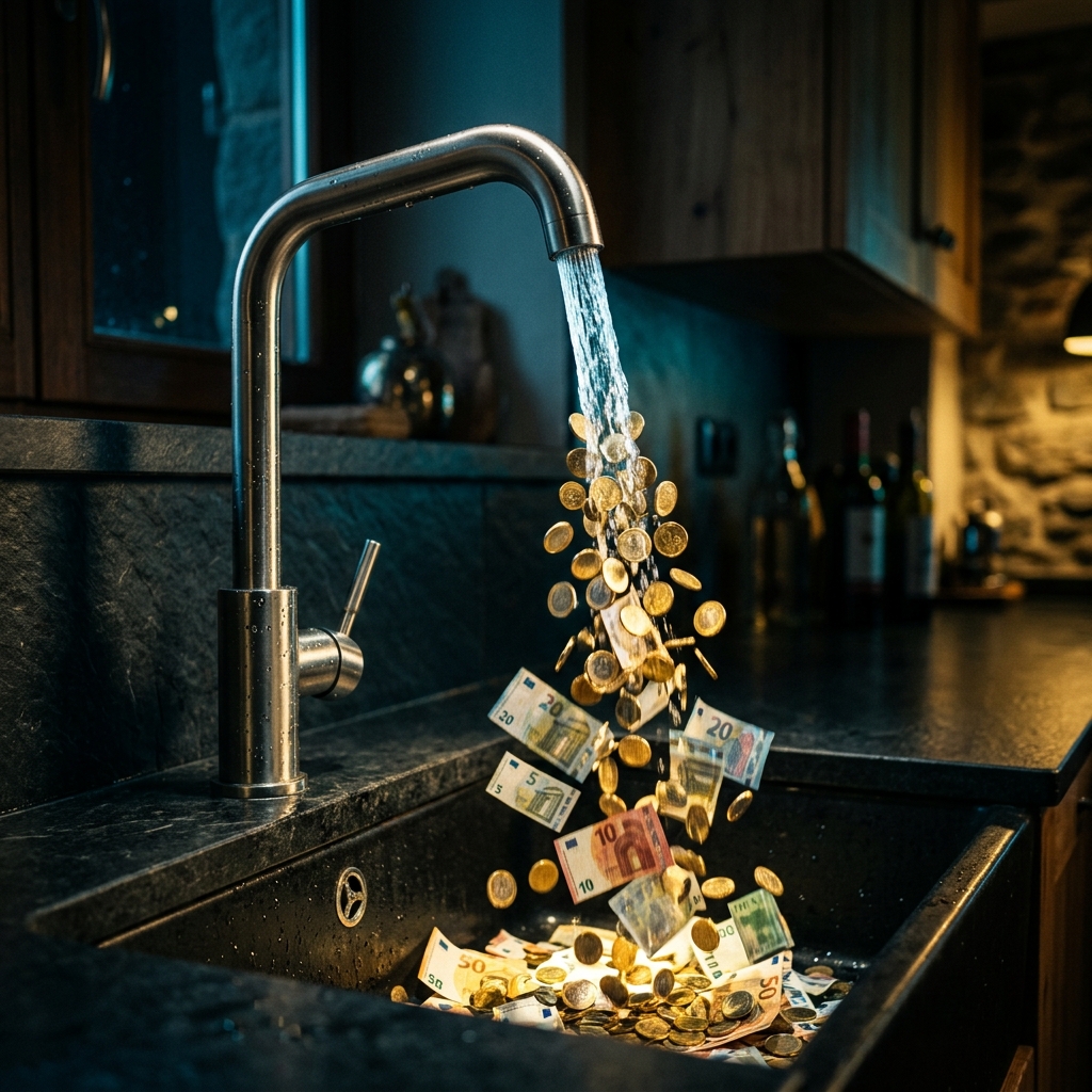 Grifo de cocina moderno del que fluye agua que se convierte en monedas de euro y billetes, simbolizando el ahorro y la libertad financiera